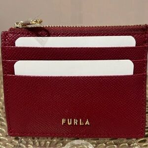 Furla Saffiano wine red Leather Classic Card Case Wallet